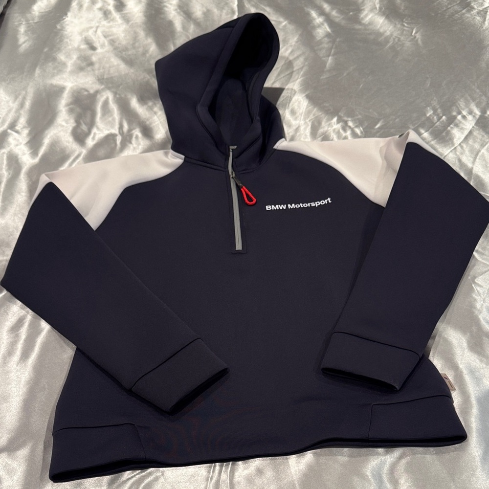 BMW Motorsport Hoodie in Navy Blue , White, and Red size Small